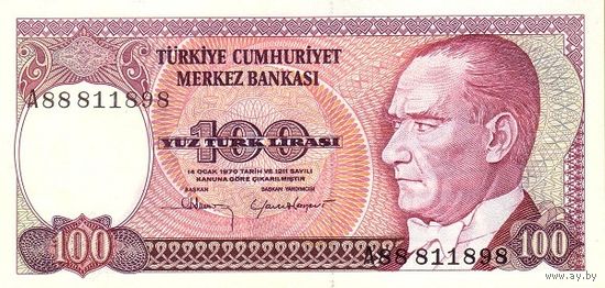 Турция 100 лир образца 1970 года UNC p194a(1)
