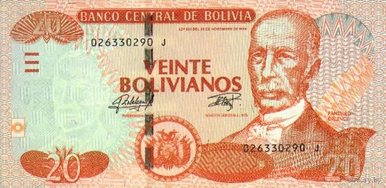 Боливия 20 боливаров образца 1986(2015) года UNC p244(1)