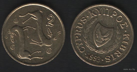 Кипр km54.3 2 цента 1993 год (2-контур, год большой) (f