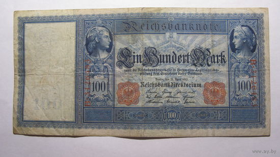Германия Ro43a .  100 марок 1910 г. (Бумага белая . Печать , номер и серия - красный цвет )