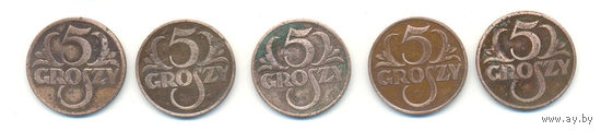 Польша комплект монет (5 шт.) 5 грошей 1931-1939 гг.( торг)