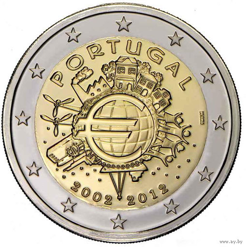 2 евро 2012 Португалия 10 лет наличному обращению евро UNC из ролла