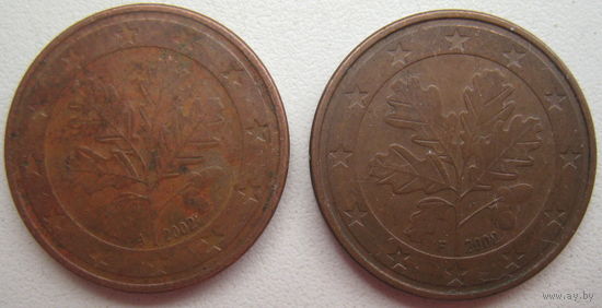 Германия 5 евроцентов 2002 г. (D) (F). Цена за 1 шт.
