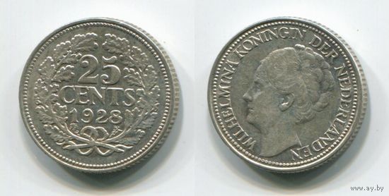 Нидерланды. 25 центов (1928, серебро, XF)