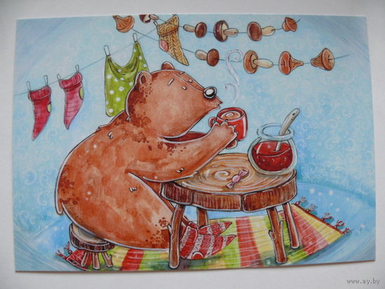 Современная открытка, Крокус Кристина, Мишка пьет чай, чистая.