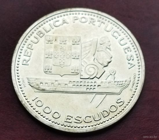 Серебро 0.500! Португалия 1000 эскудо, 1996 Восстановление фрегата Фернандо II "Gloria"