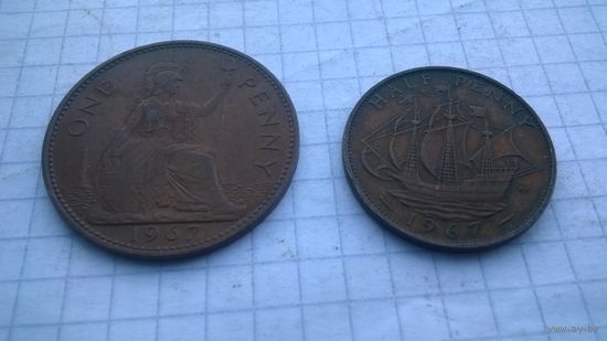 Великобритания 1 пенни и 1/2 1967 г.