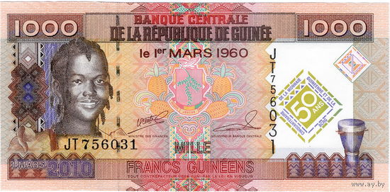 Гвинея, 1000 франков, 2010 г., юбилейные, UNC