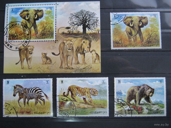 Марки - фауна, Умм-аль-Кувейн, блок и 4 марки, дикие кошки, слон, медведь, зебра, лев, тигр