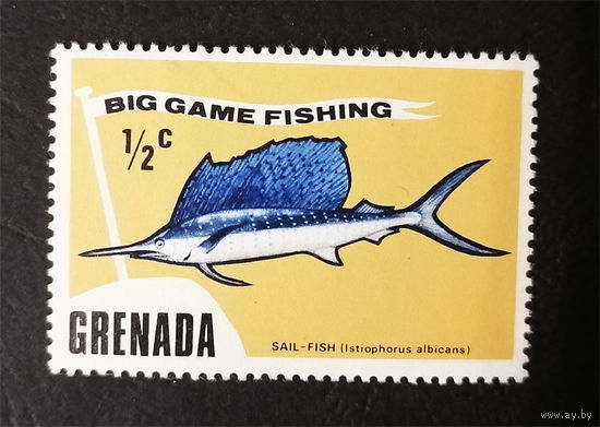 Гренада 1975 г. Спортивная рыбалка. Виды рыб. Морская фауна, 1 марка. Чистая #0107-Ч1P5