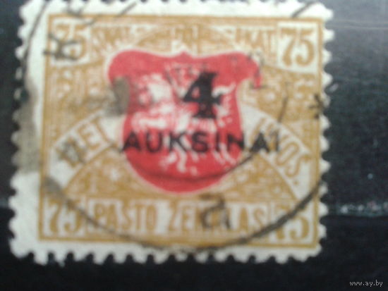 Литва, 1922, Стандарт, герб, надпечатка,  4А на 75 Sk