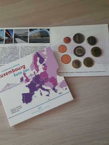 Люксембург 2011 год. 1, 2, 5, 10, 20, 50 евроцентов, 1, 2 евро и 2 евро юбилейные 2011 года . Набор монет в BU буклете.