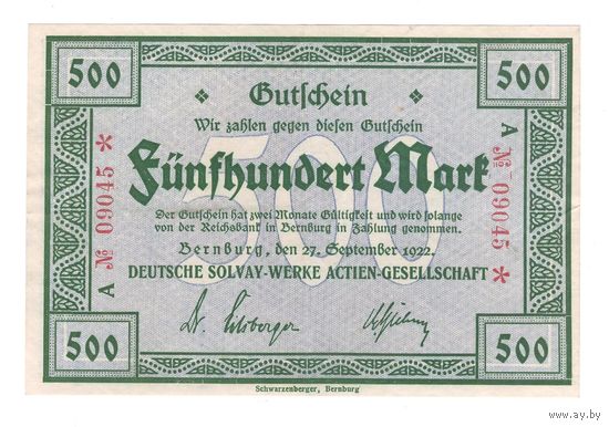 Германия Бернбург 500 марок 1922 года. Состояние XF+/aUNC!