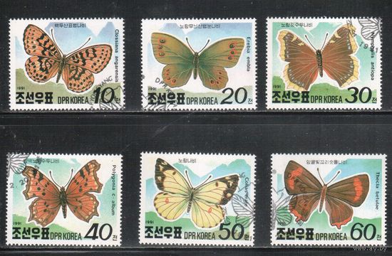 КНДР-1991,(Мих.3180-3185)   гаш., Фауна, Бабочки, (полная серия)