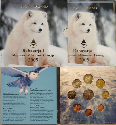 Финляндия 2005 год. Официальный набор монет 1, 2, 5, 10, 20, 50 евроцентов, 1 и 2 Евро + дополнительный жетон в буклете "Исчезающие виды животных". BU, тираж 40.000 шт.