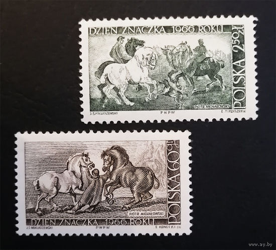 Польша 1966 г. День почтовой марки. Лошади. Картины, полная серия из 2 марок. Чистые #0054-Ч1P7