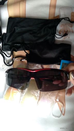 Очки солнцезащитные для велосипедиста, рыбака со съемными линзами (5 видов) в жестком футляре + чехол + ремешок + микрофибра