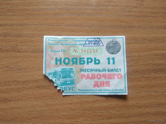 Проездной единый месячный билет рабочего дня. Автобус. Беларусь, Лида, ноябрь месяц 2020 года.