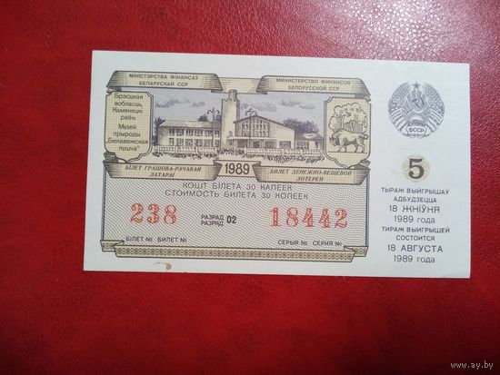 Билет денежно-вещевой лотереи БССР. 18 августа 1989 года.