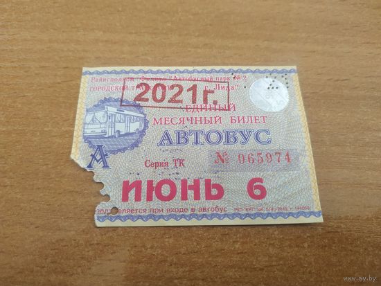 Проездной единый месячный билет. Автобус. Беларусь, Лида, июнь месяц 2021 года.