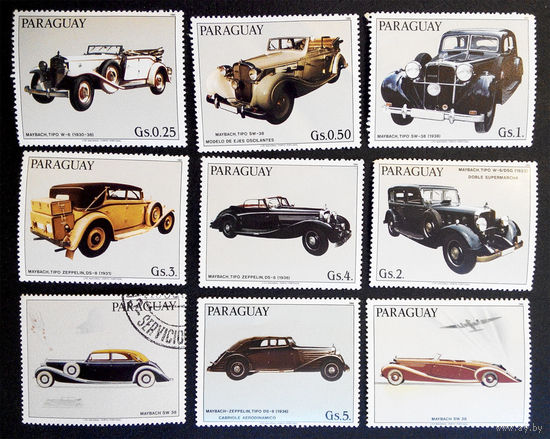 Парагвай 1986 г. Автомобили Майбах. Техника, полная серия из 6 марок +3 марки. Чистая #0066-Ч1P8
