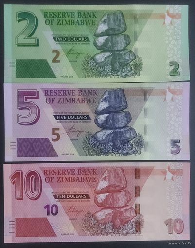 Полный набор банкнот Зимбабве 2019-2020 - 2,5,10,20,50,100 долларов - UNC