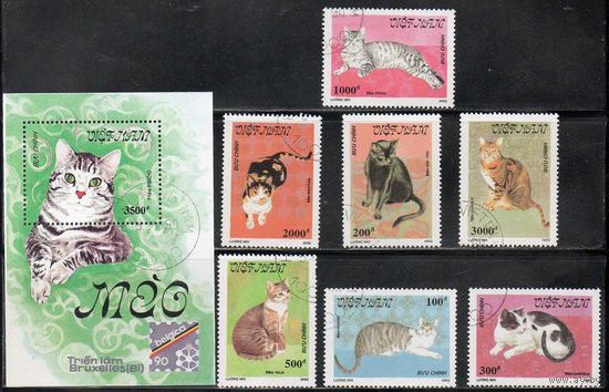 Кошки Вьетнам 1990 год серия из 1 блока и 7 марок