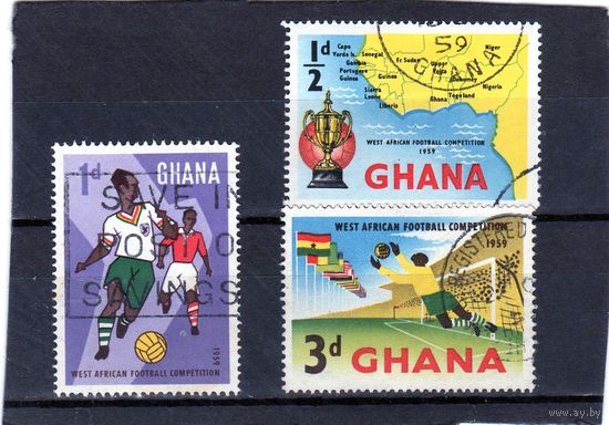 Гана. Mi:GH 63,64,65. Футбол.Чемпионат Западной Африки.Карта Африки.1959.