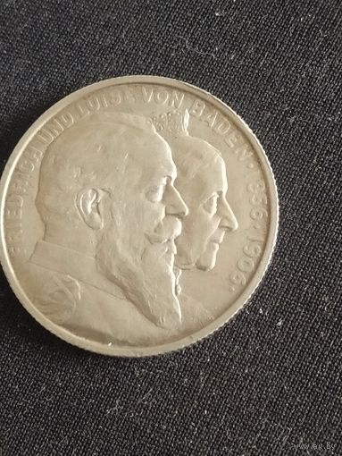 Монета 2 марки баден 1906 золотая свадьба
