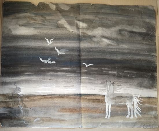 Кариова Юлия. Пейзаж с чайками. Гуашь. 50х60 см.