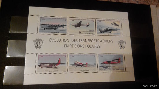 Транспорт, самолеты, авиация, воздушный флот, гербы, Французские антарктические территории, блок