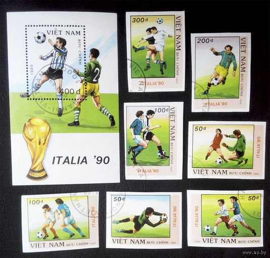 Вьетнам 1989 г. Чемпионат Мира по Футболу. Италия 1990 год. Спорт, полная серия из 7 марок (без перф.) +Блок #0030-С1P6