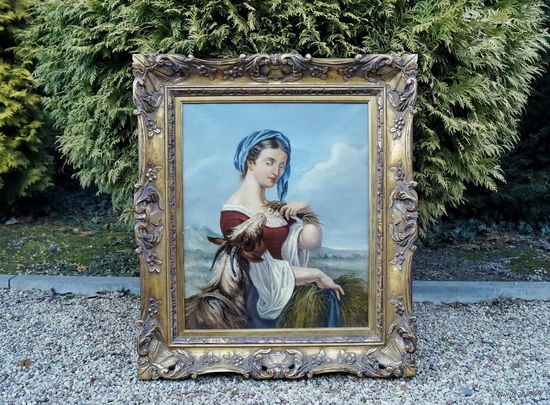 Портрет "Женщина Кормит Козу" Масло, Холст, Франция, 19 век.