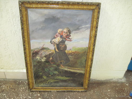 Дети, бегущие от грозы. Старая копия маслом на холсте картины К. Маковского в раме 78х54 см.