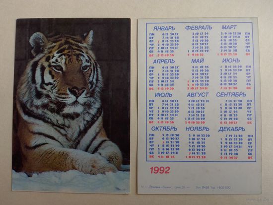 Карманный календарик. Тигр.1992 год