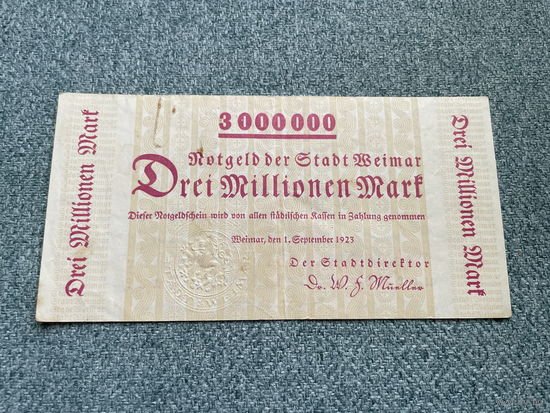 Германия Нотгельд Weimar 3 миллиона марок 01.09.1923 год / 140 х 72