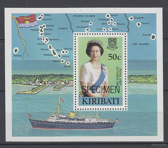 Корабли. Визит королевы. Кирибати. 1982. 1 блок с надпечаткой SPECIMEN. Michel N бл.10 (2,0 е)