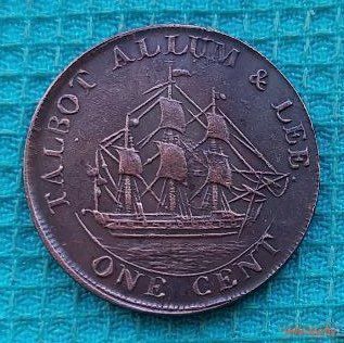 США 1 цент 1791 года. Корабль. Поселение-порт свободной торговли.