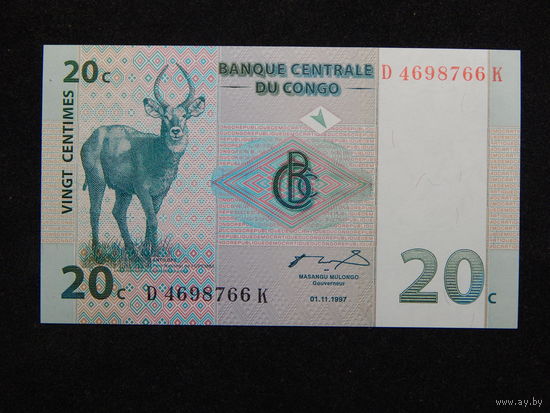 Конго 20 сантимов 1997г.UNC