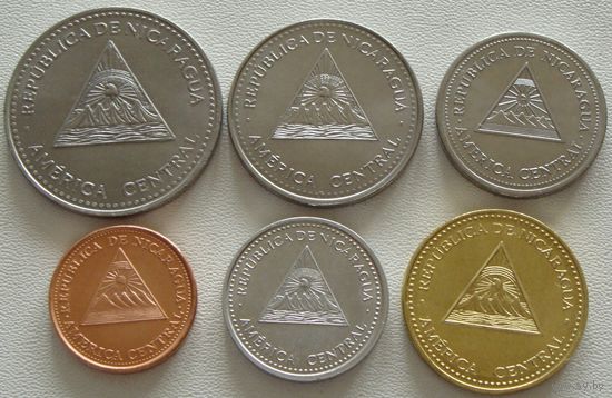 Никарагуа. Набор 6 монет = 5, 10, 25, 50, сентаво 1, 5 кордоба 1997-2007 года  Монеты не чищены!!!