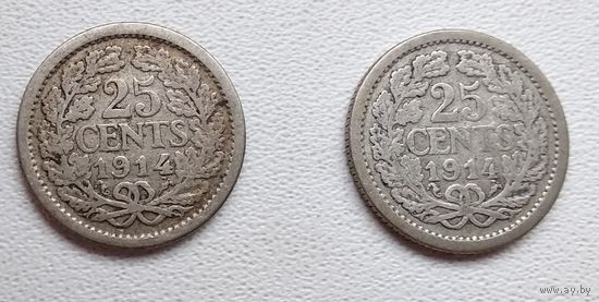 Нидерланды 25 центов, 1914 6-4-39*40