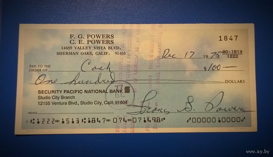 Автограф на банковском чеке, летчик-шпион Фрэнсис Гэри Пауэрс.