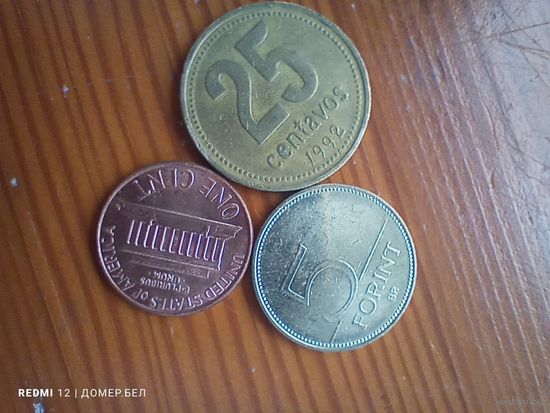 Аргентина 25 центов 1992, Венгрия 5 форинтов 2016, США 1 цент 2006 -3