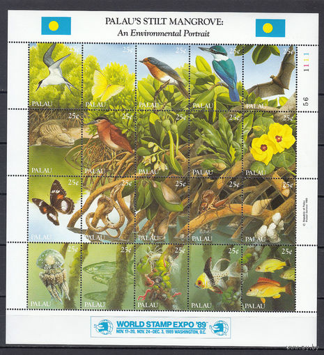 Фауна. Палау. 1989. 1 лист из 20 марок (полная серия).  Michel N 918-937 (30,0 е)