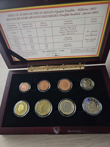 Бельгия PROOF 2003 год. 1, 2, 5, 10, 20, 50 евроцентов, 1, 2 евро. Официальный набор монет в деревянном футляре.