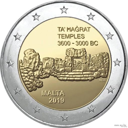 2 евро 2019 Мальта Храмы Та Хаджрат UNC из ролла