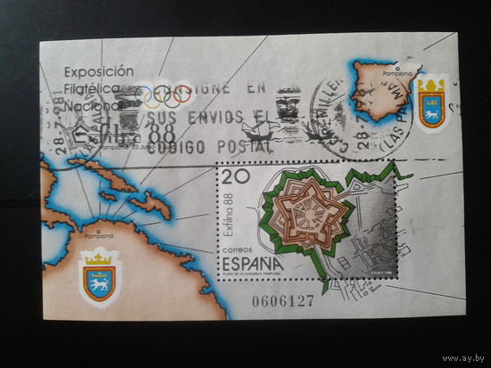 Испания 1988 Фил. выставка в Памплоне Блок карта, герб, корабли