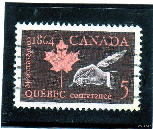 Канада. Ми-377. Кленовый лист и рука с ручкой. Серия: Столетие конференции в Квебеке. 1964.