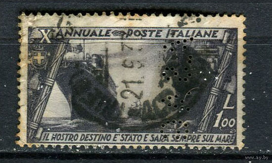 Королевство Италия - 1932 - 10-летие Марша на Рим - Корабли 1L - [Mi.425] - 1 марка. Гашеная с перфином.  (Лот 85ER)-T7P10