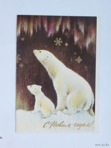 Белые медведи  с новым годом 1977 10х14 см